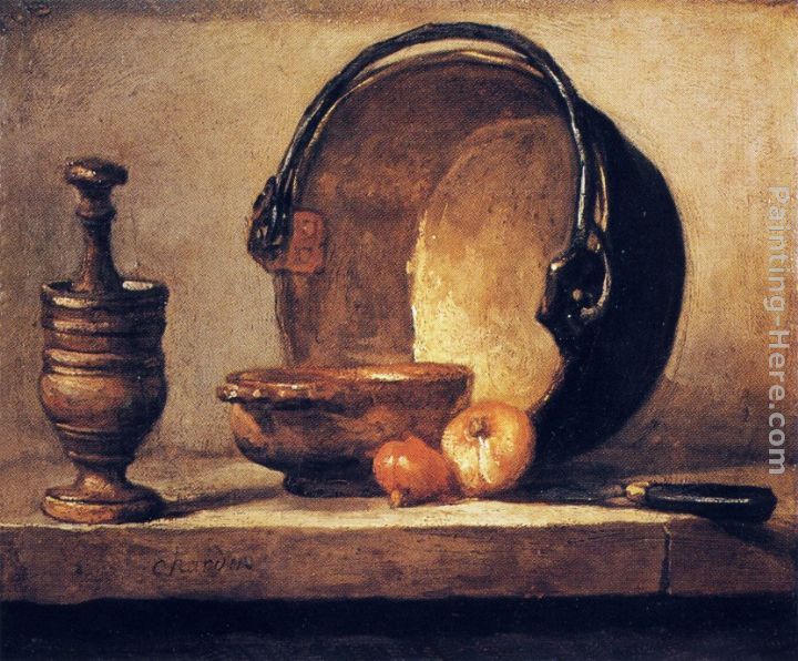 Still Life with Pestle, Bowl, Copper Cauldron, Onions and a Knife painting - Jean Baptiste Simeon Chardin Still Life with Pestle, Bowl, Copper Cauldron, Onions and a Knife art painting